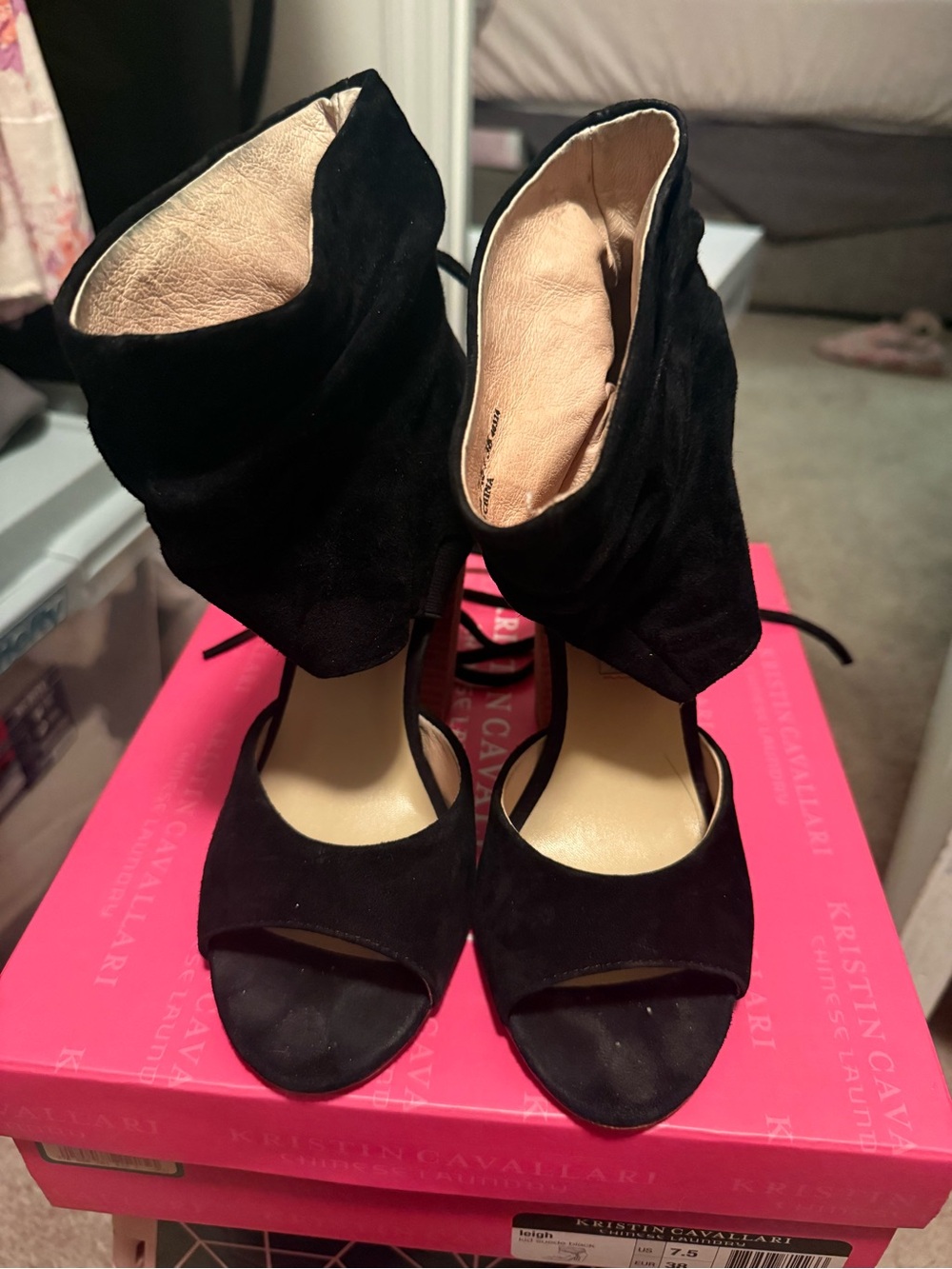 Black Suede Open-Toe Ankle Wrap Heels